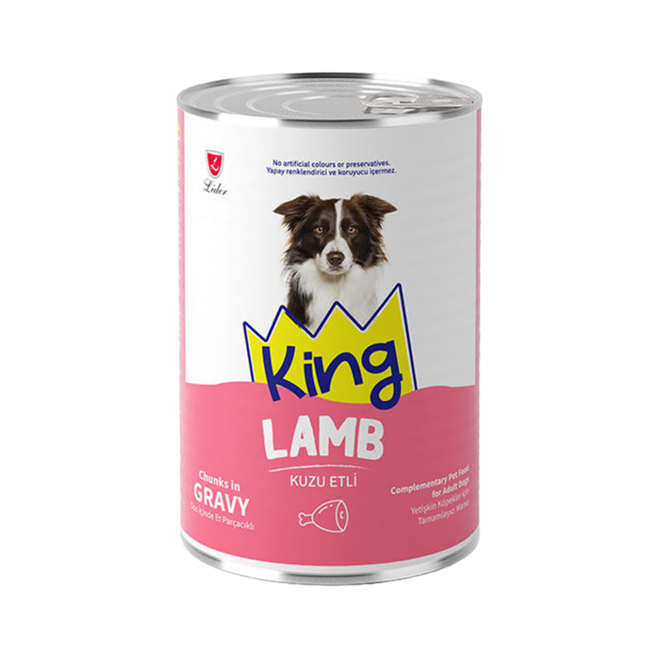 King Sos İçerisinde Et Parçacıklı Kuzu Etli Yetişkin Köpek Konservesi (400 g)