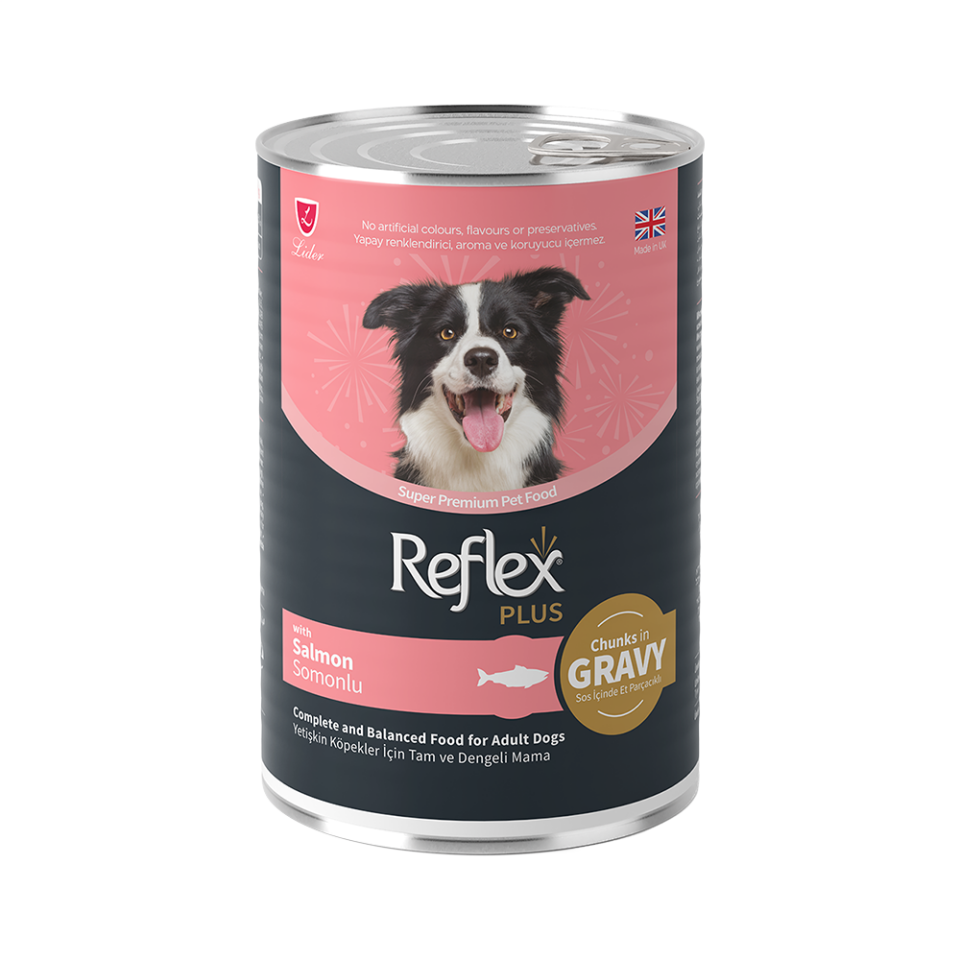 Reflex Plus Sos İçinde Et Parçacıklı ve Somonlu Yetişkin Köpek Maması (400 g)